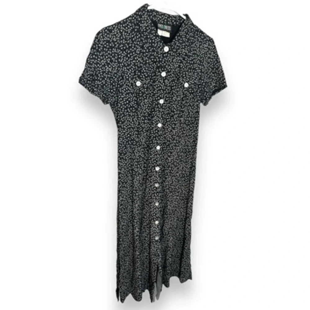 90s Vintage Byer California Womens sz 7 Black Floral Collared Button Midi Dress - Picture 4 of 6